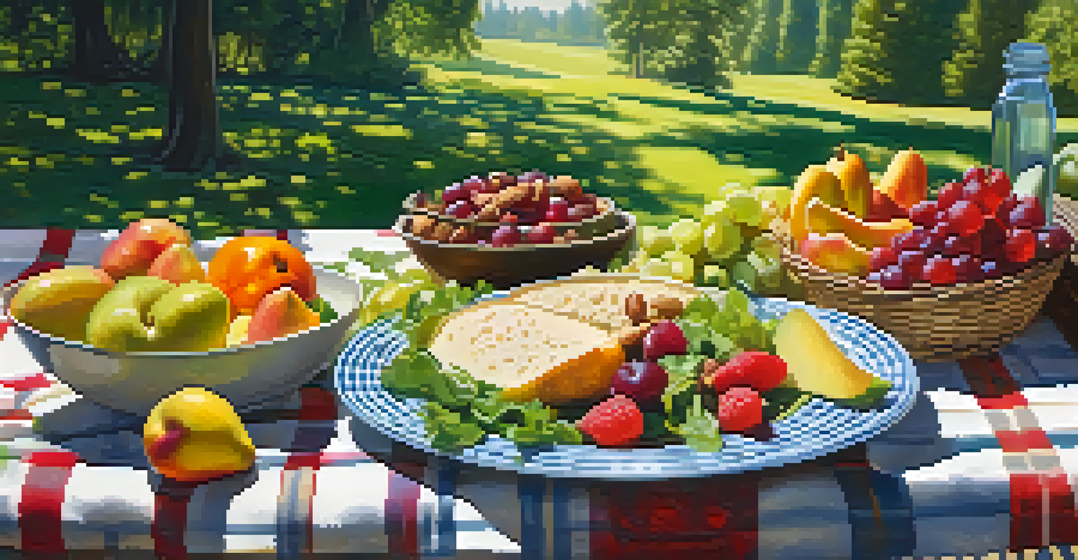 An outdoor picnic setup featuring raw food dishes like salads and fruits on a checkered blanket in a lush green setting.