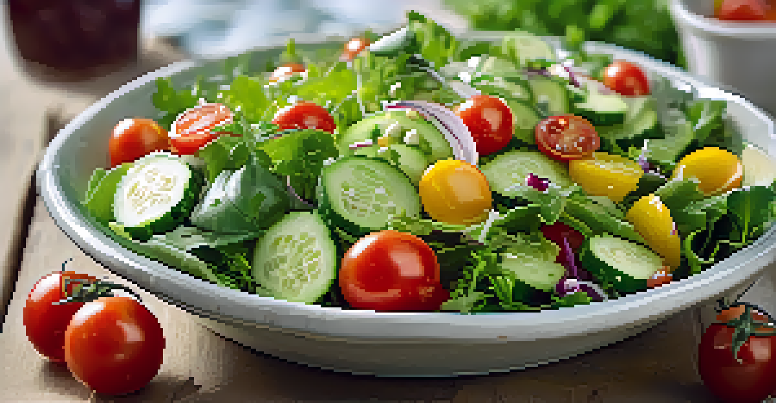 Close-up of a colorful raw vegetable salad in a glass bowl, featuring cucumbers and cherry tomatoes on a wooden table with a garden background.