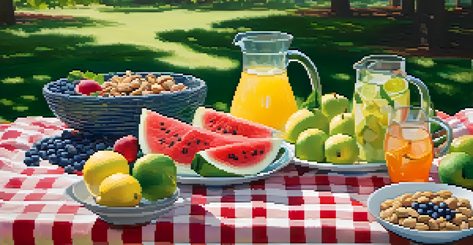 An outdoor picnic with a blanket spread with fresh fruits, nuts, and infused water, surrounded by green grass.