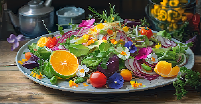 A colorful raw food salad beautifully arranged on a wooden table, with fresh vegetables and edible flowers under soft natural light.