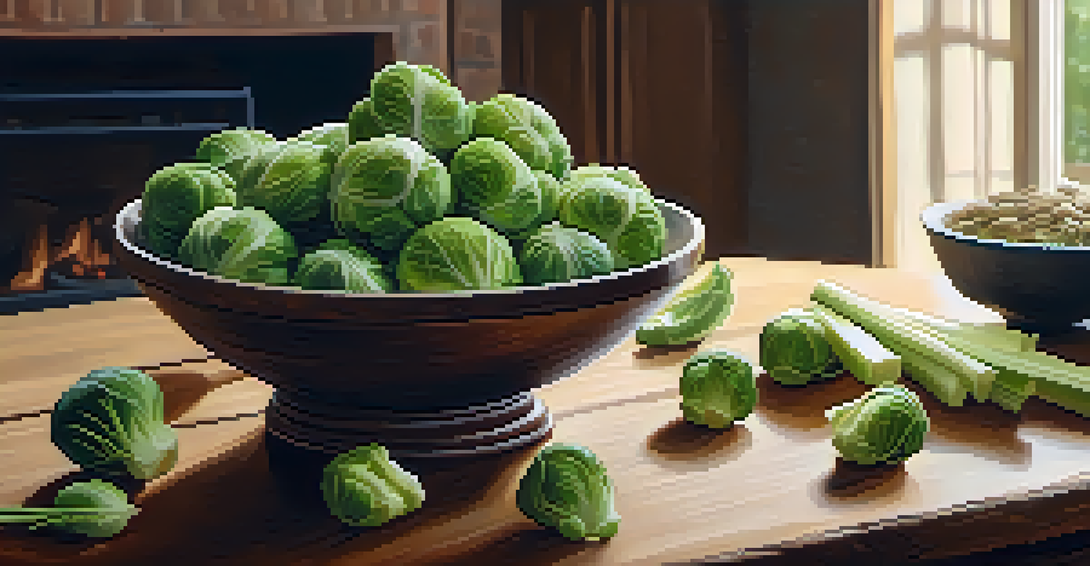 A bowl of raw Brussels sprouts, celery, and fennel on a wooden table near a glowing fireplace, evoking a warm winter atmosphere.