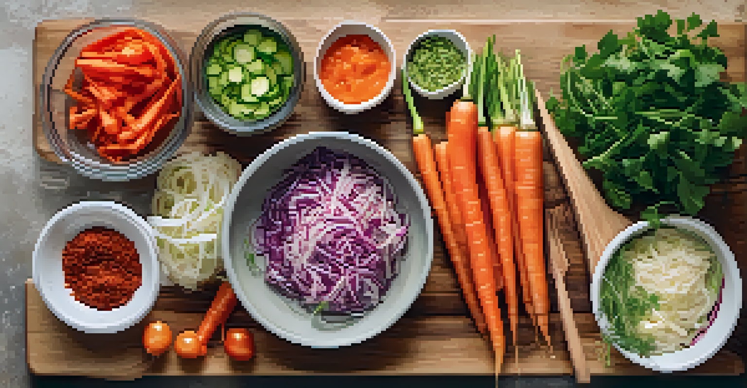 A flat lay of a healthy meal prep with raw vegetables, kimchi, and sauerkraut arranged on a wooden cutting board, illuminated by sunlight.