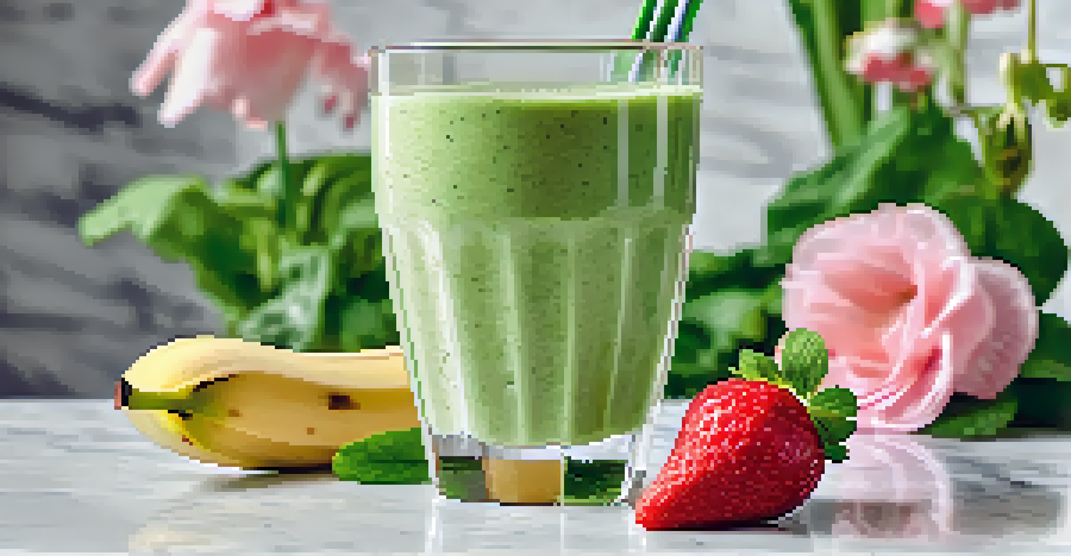 A green smoothie in a clear glass with spinach, bananas, and strawberries, garnished with mint leaves, set against a blurred floral background.