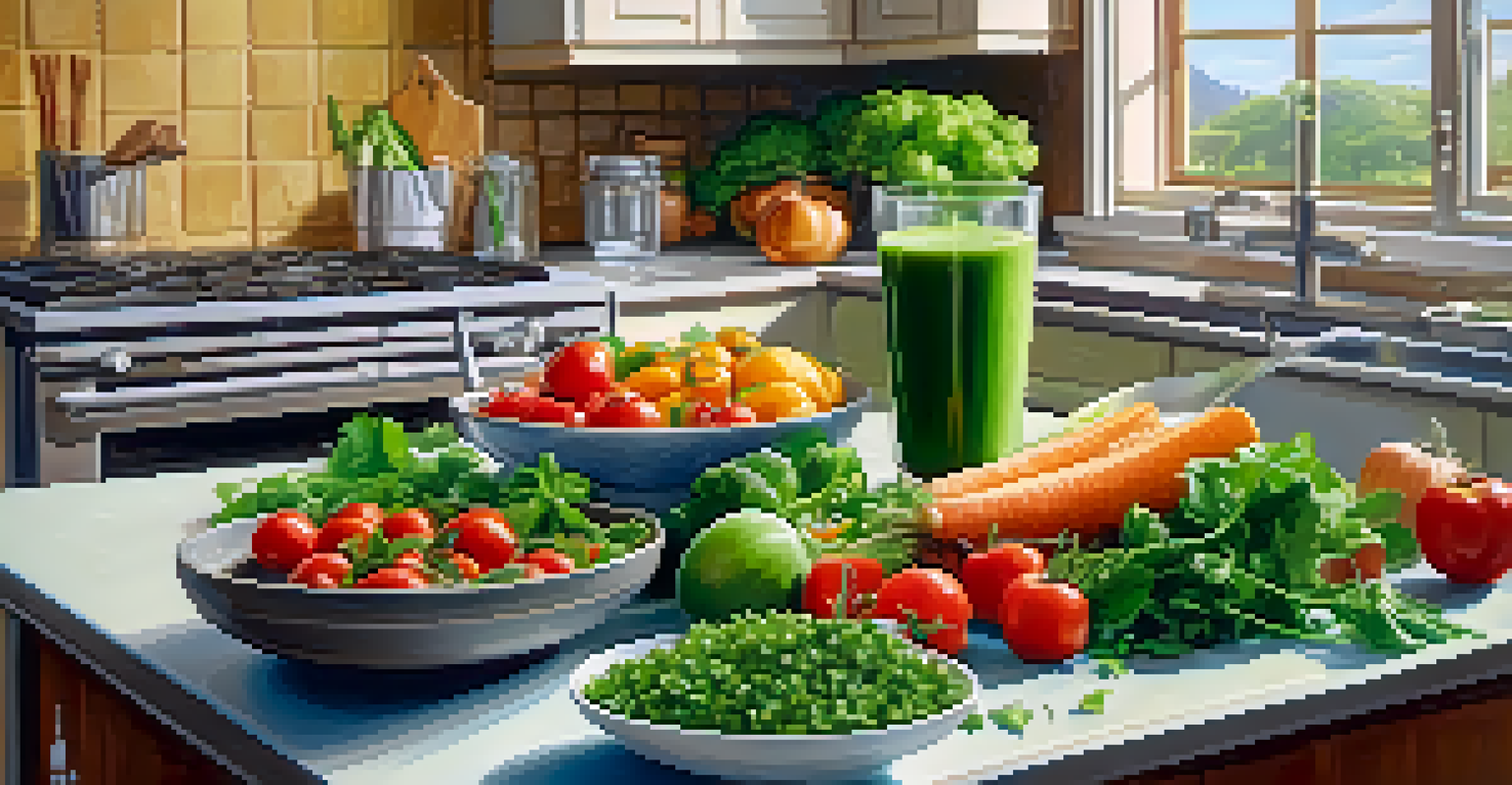A kitchen scene with a green smoothie and a colorful salad, surrounded by fresh herbs and warm lighting.