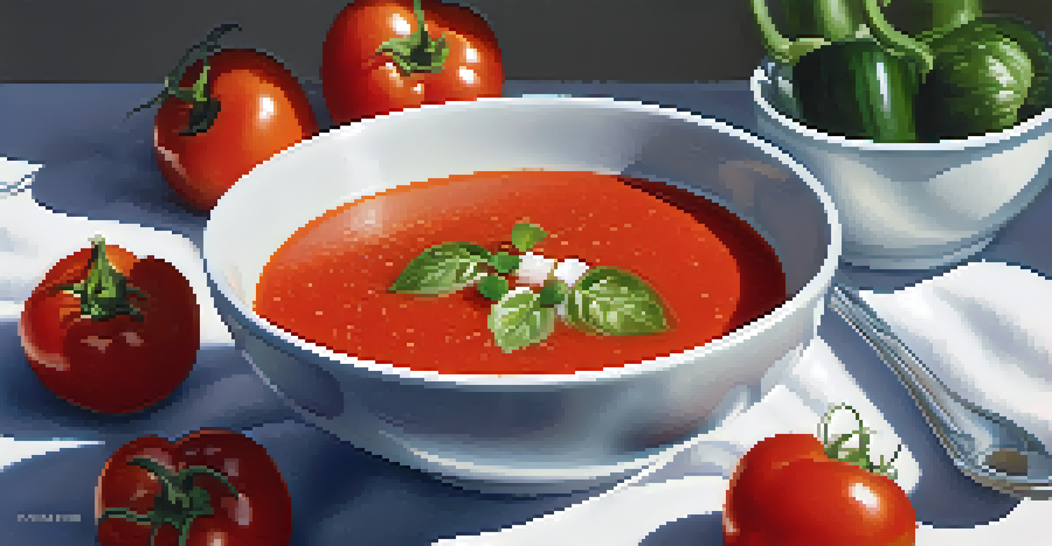 A clear glass bowl of chilled gazpacho soup garnished with diced vegetables and herbs, placed on a white tablecloth.