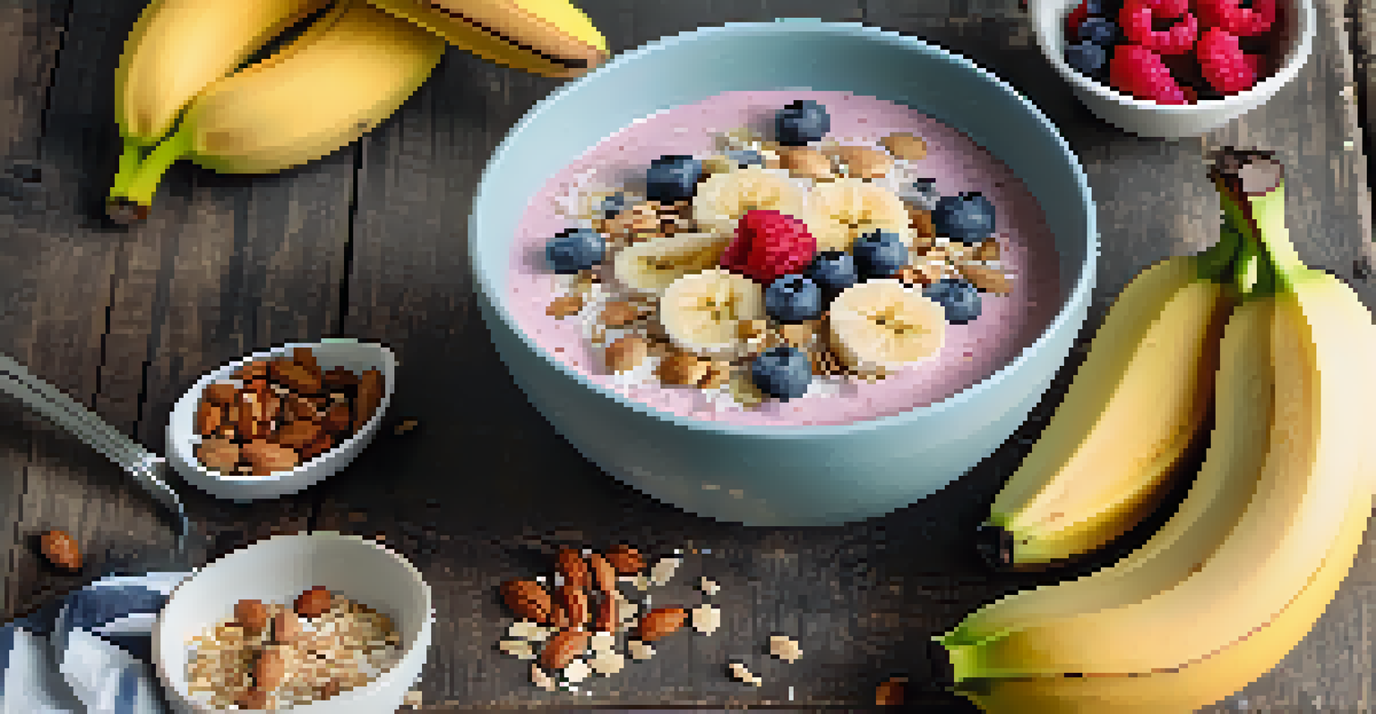 A smoothie bowl decorated with fruits and nuts, placed on a rustic table.