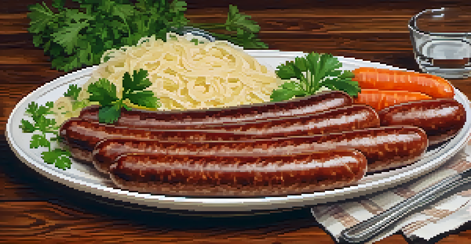 A plate of German sausages and sauerkraut garnished with parsley, placed on a wooden table in a warm and inviting setting.