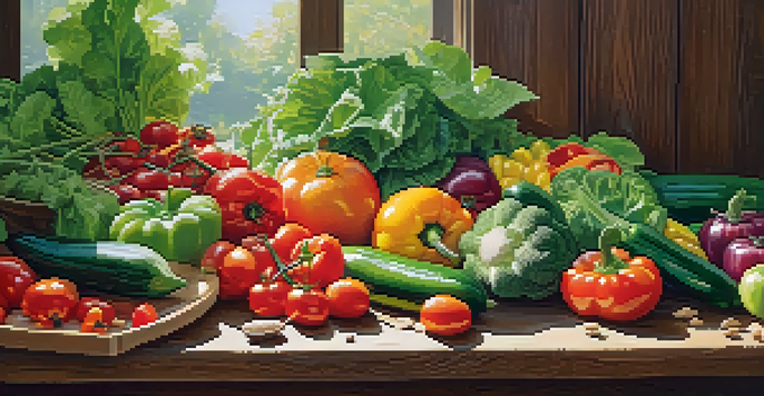 A bright display of fresh fruits and vegetables on a wooden table, including tomatoes, cucumbers, and leafy greens, illuminated by natural sunlight.