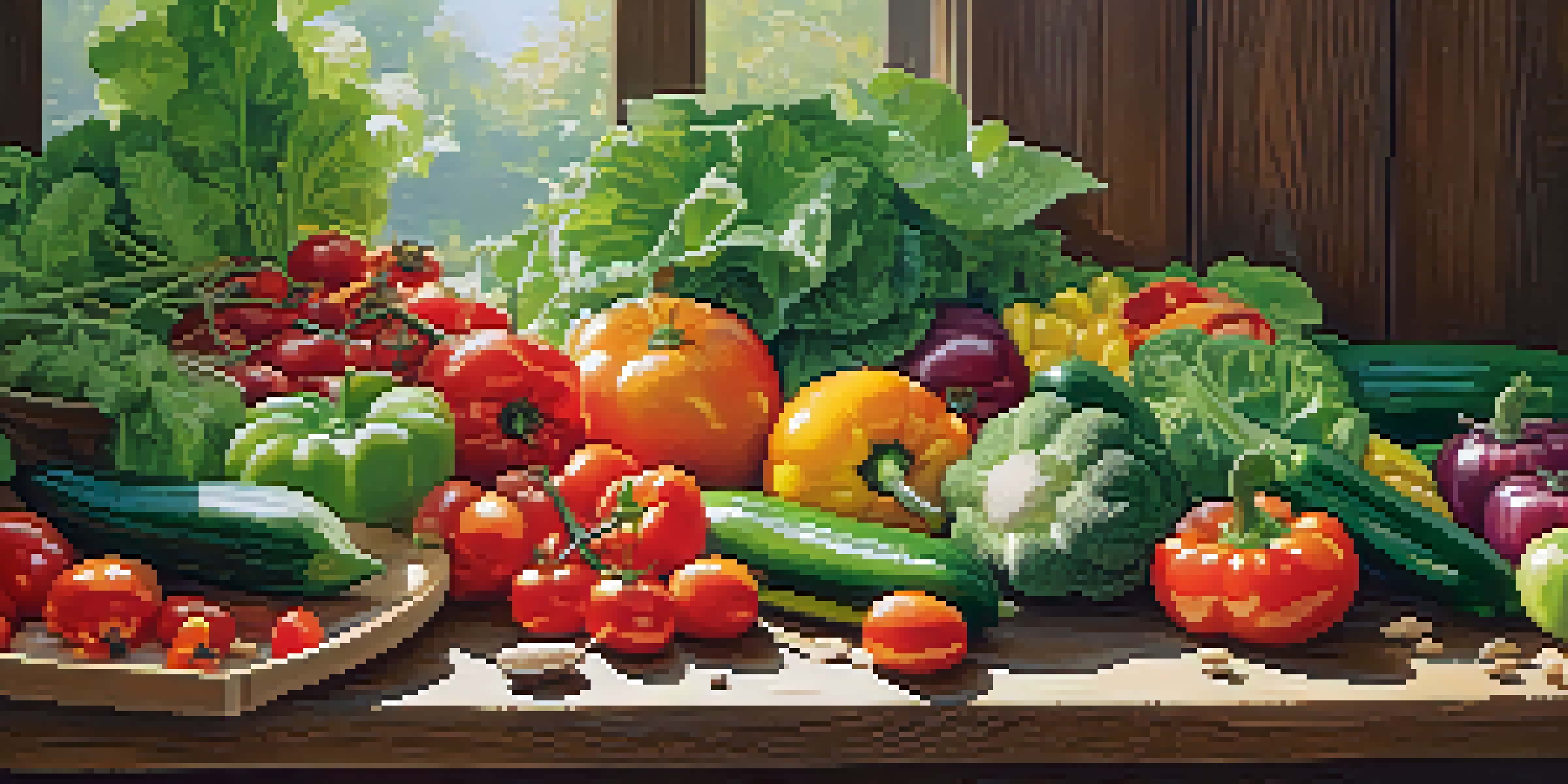 A bright display of fresh fruits and vegetables on a wooden table, including tomatoes, cucumbers, and leafy greens, illuminated by natural sunlight.