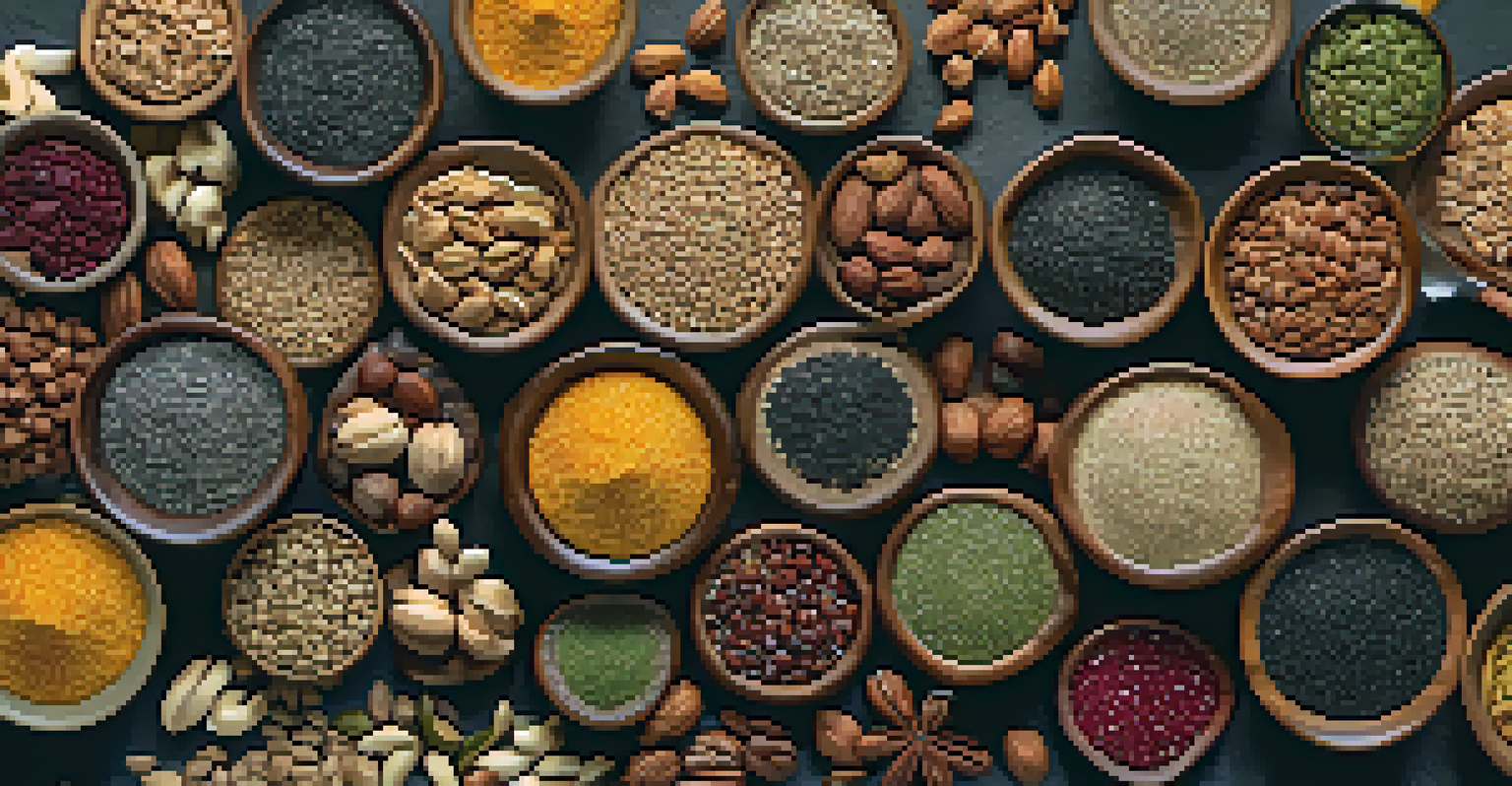 A close-up of flaxseeds, chia seeds, and walnuts in small bowls on a dark stone background, highlighting their textures in soft light.