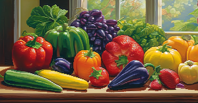 A colorful arrangement of various fruits and vegetables displayed in a rainbow pattern on a wooden table, illuminated by soft natural light.