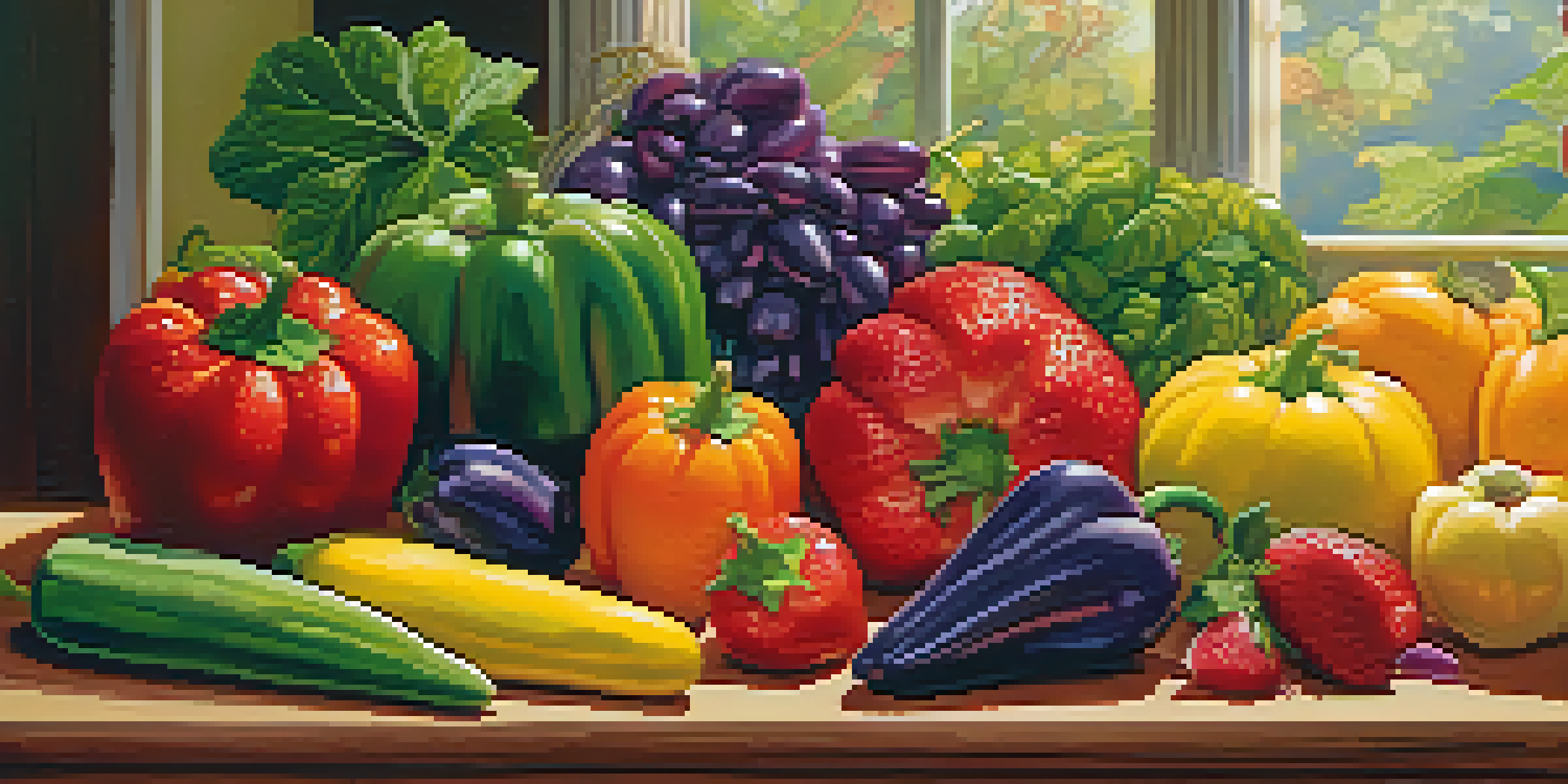 A colorful arrangement of various fruits and vegetables displayed in a rainbow pattern on a wooden table, illuminated by soft natural light.