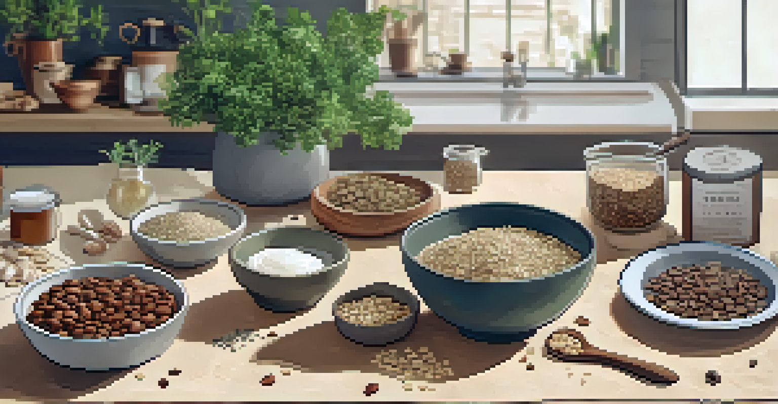 A flat lay of raw energy ball ingredients including oats, dates, and seeds, arranged on a rustic countertop.