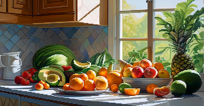 A sunny kitchen filled with colorful raw fruits and vegetables, showcasing freshness and vibrancy.