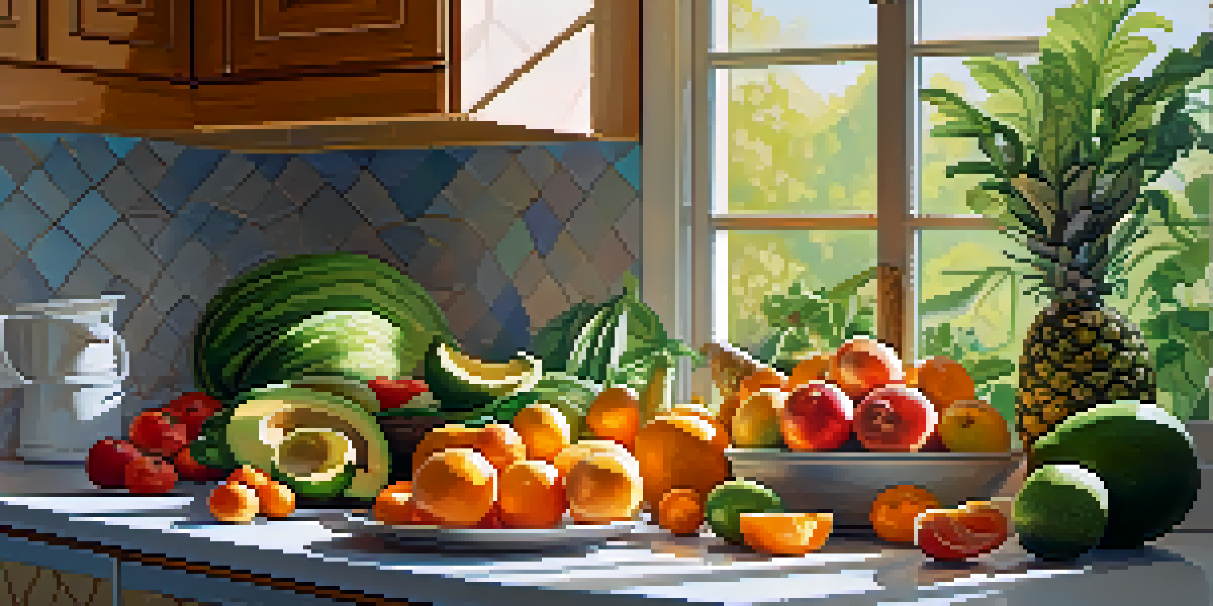 A sunny kitchen filled with colorful raw fruits and vegetables, showcasing freshness and vibrancy.