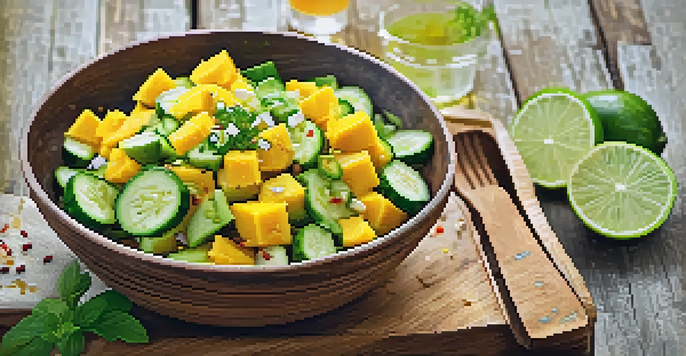 A colorful salad made with diced cucumber and mango, garnished with lime juice and chili powder on a wooden table.