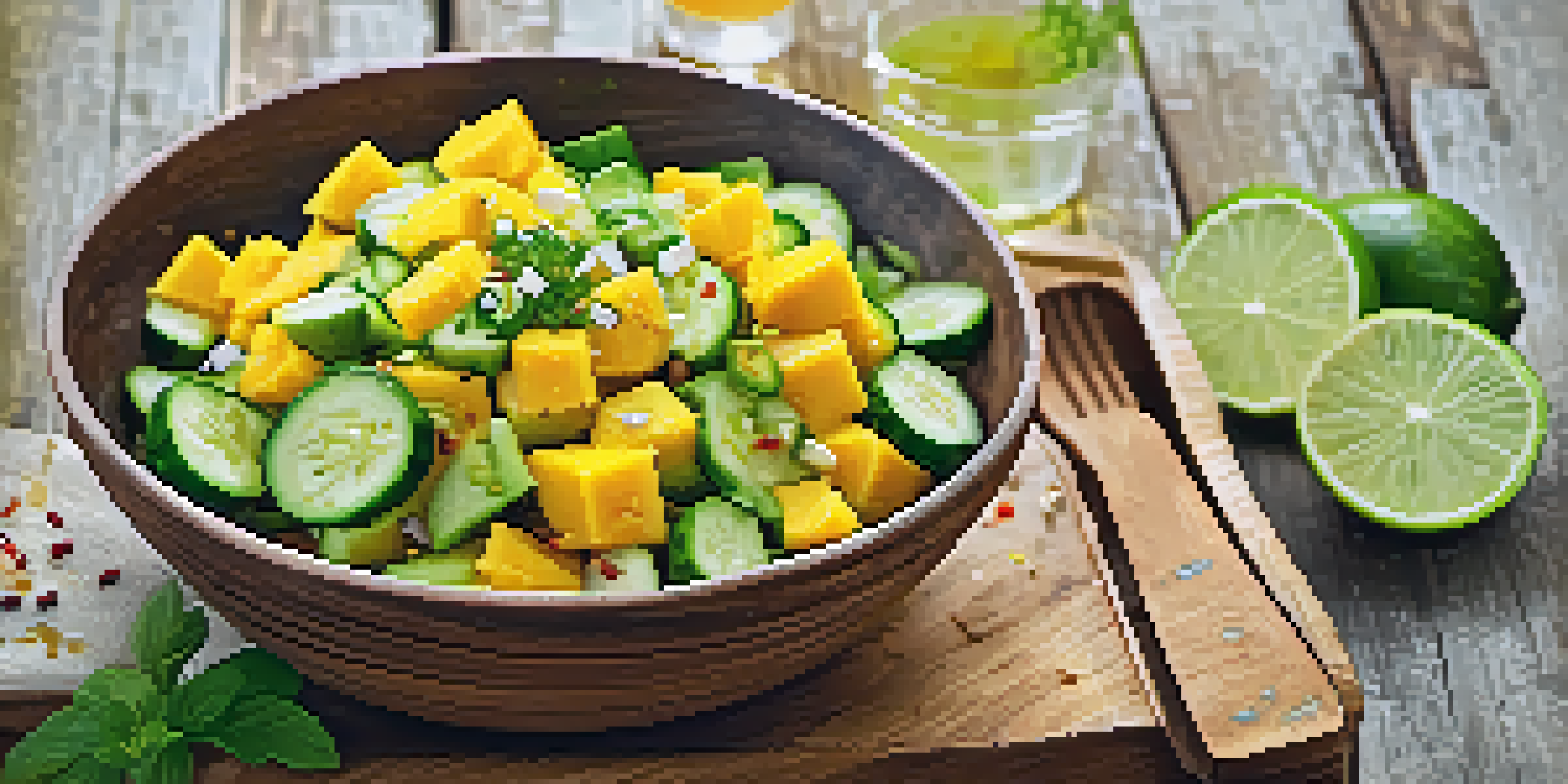 A colorful salad made with diced cucumber and mango, garnished with lime juice and chili powder on a wooden table.