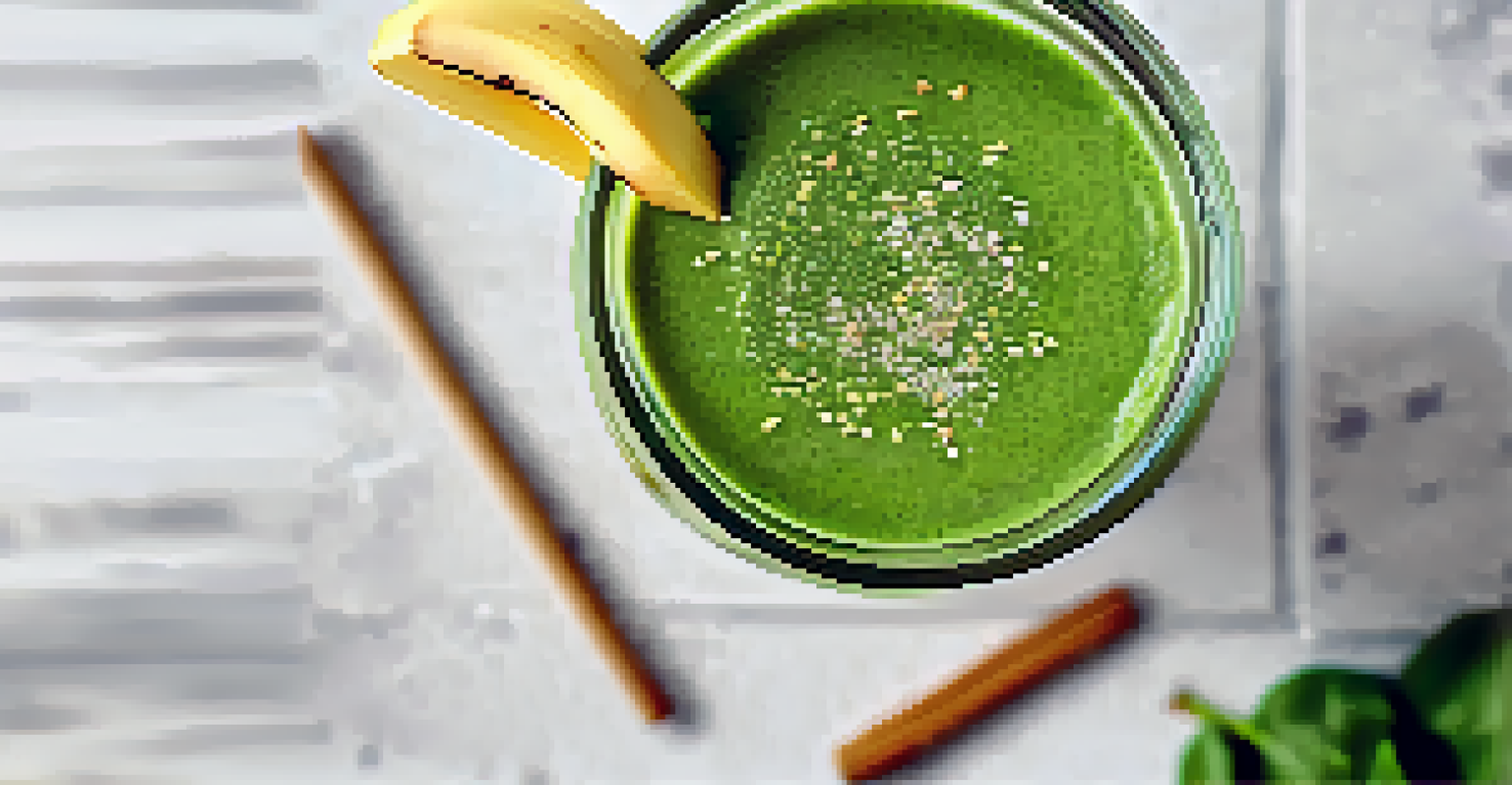 A close-up of a green smoothie in a glass, made with spinach and banana, with chia seeds sprinkled on top.