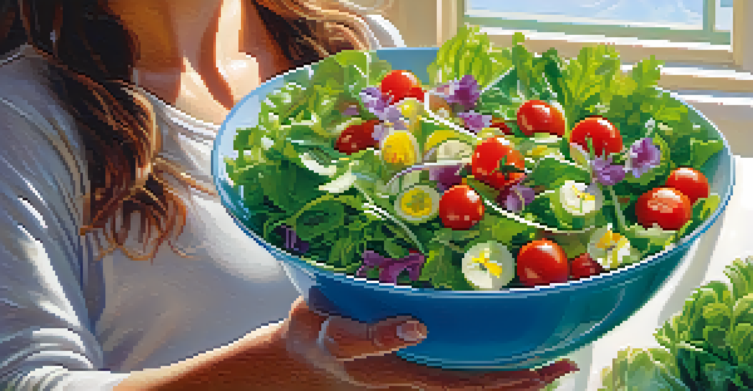A woman happily holding a bowl of colorful raw salad in a bright kitchen, with sunlight illuminating the fresh ingredients.