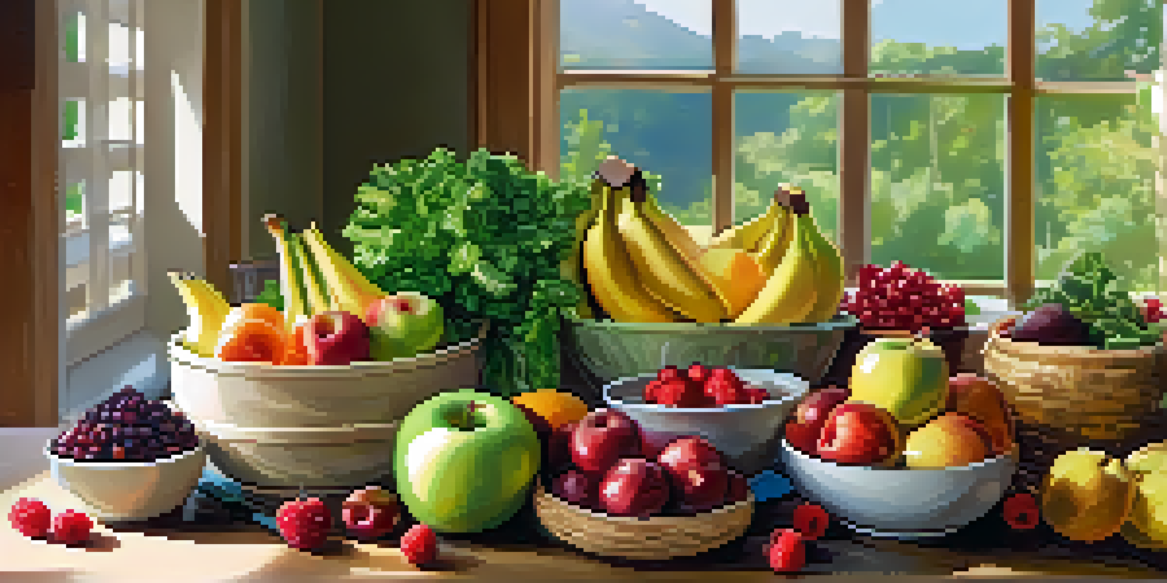A colorful assortment of raw fruits and vegetables on a wooden table, including apples, bananas, spinach, and a green smoothie, illuminated by natural sunlight.