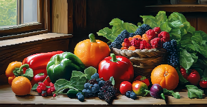 A colorful arrangement of fresh raw fruits and vegetables on a wooden table, illuminated by soft natural light.