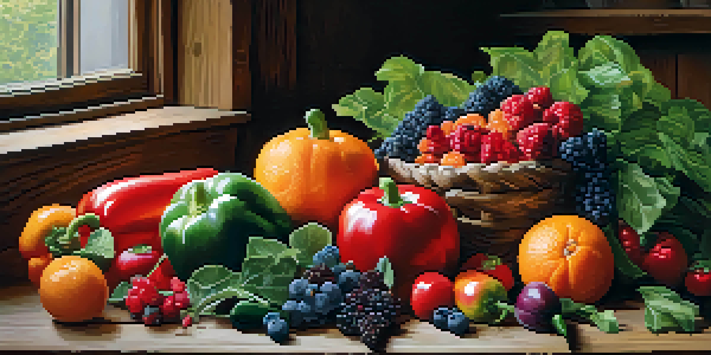 A colorful arrangement of fresh raw fruits and vegetables on a wooden table, illuminated by soft natural light.