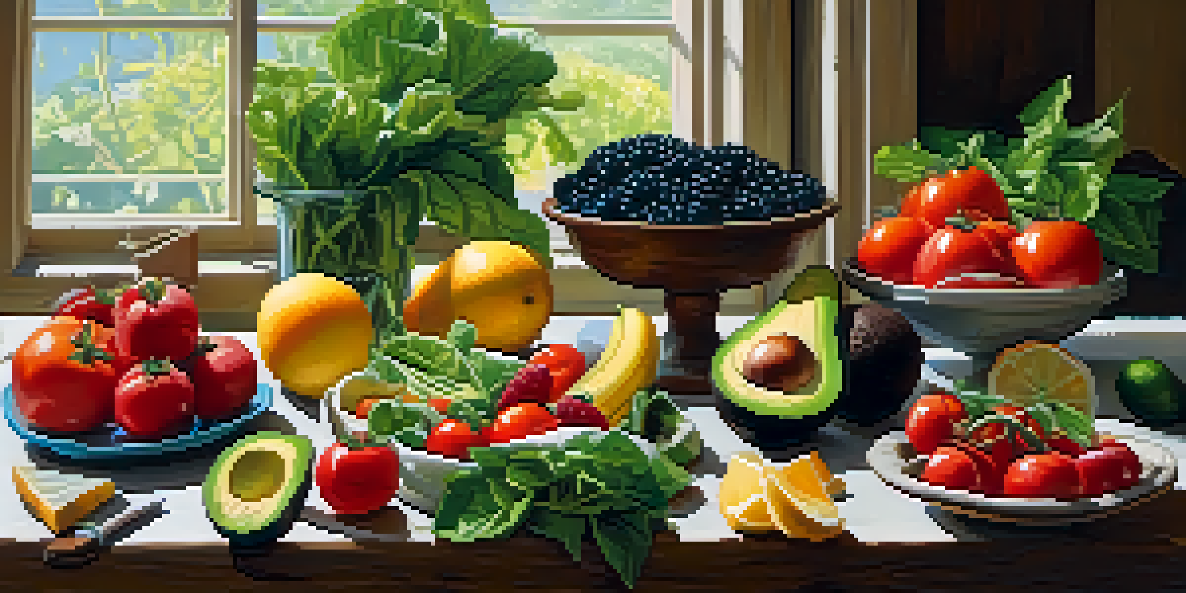 A colorful spread of fresh fruits and vegetables displayed on a rustic wooden table, illuminated by soft natural light.