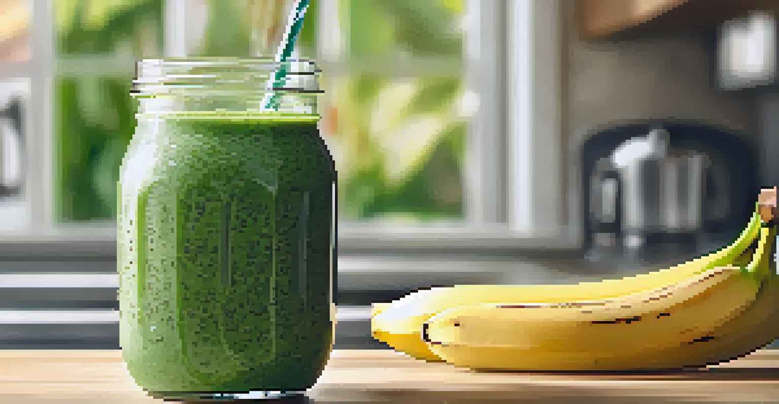 A green smoothie in a clear glass, made with spinach, banana, almond milk, and chia seeds, garnished with a slice of banana, in a bright kitchen.