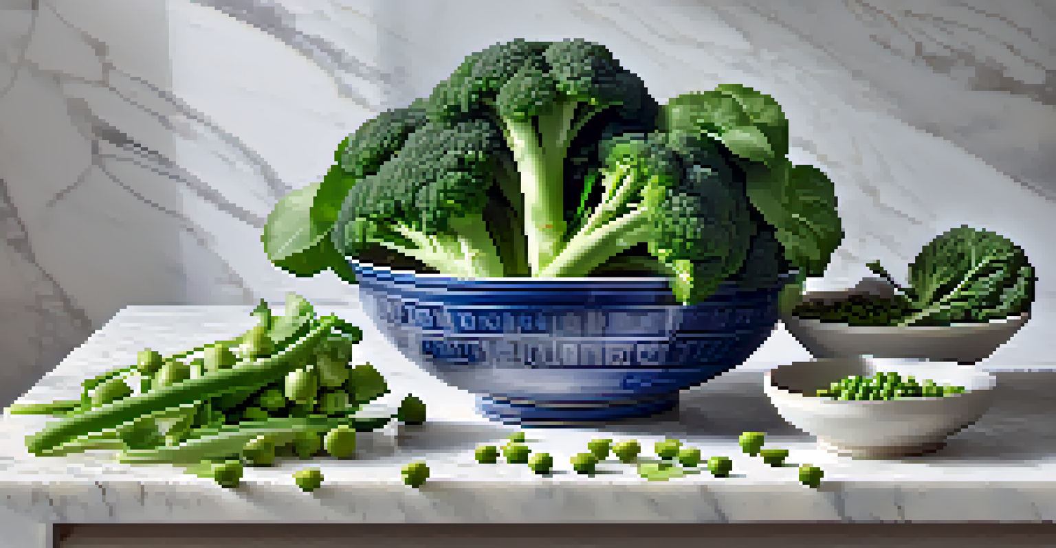 An artistic display of raw foods rich in Vitamin K, including spinach, broccoli, and green peas on a marble countertop, illuminated softly.