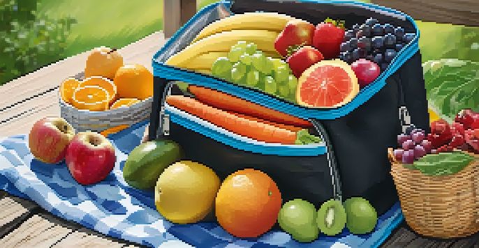 An organized cooler bag with fresh fruits and vegetables on a picnic table in a sunny outdoor setting.