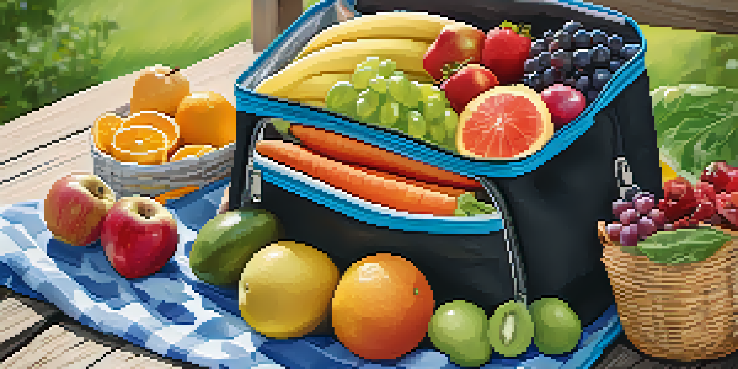 An organized cooler bag with fresh fruits and vegetables on a picnic table in a sunny outdoor setting.