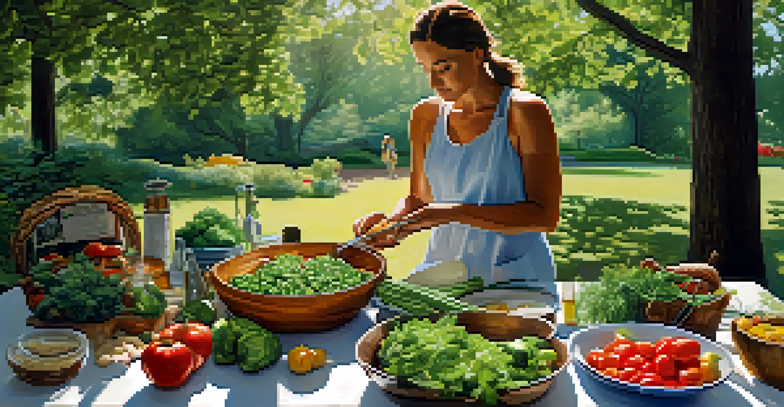 A person preparing a raw food meal at a picnic table surrounded by nature, with fresh ingredients like vegetables, nuts, and herbs displayed on the table.