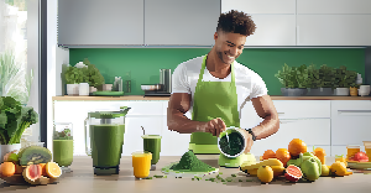 An athlete blending a green smoothie in a modern kitchen, surrounded by healthy raw ingredients like fruits, greens, and seeds.