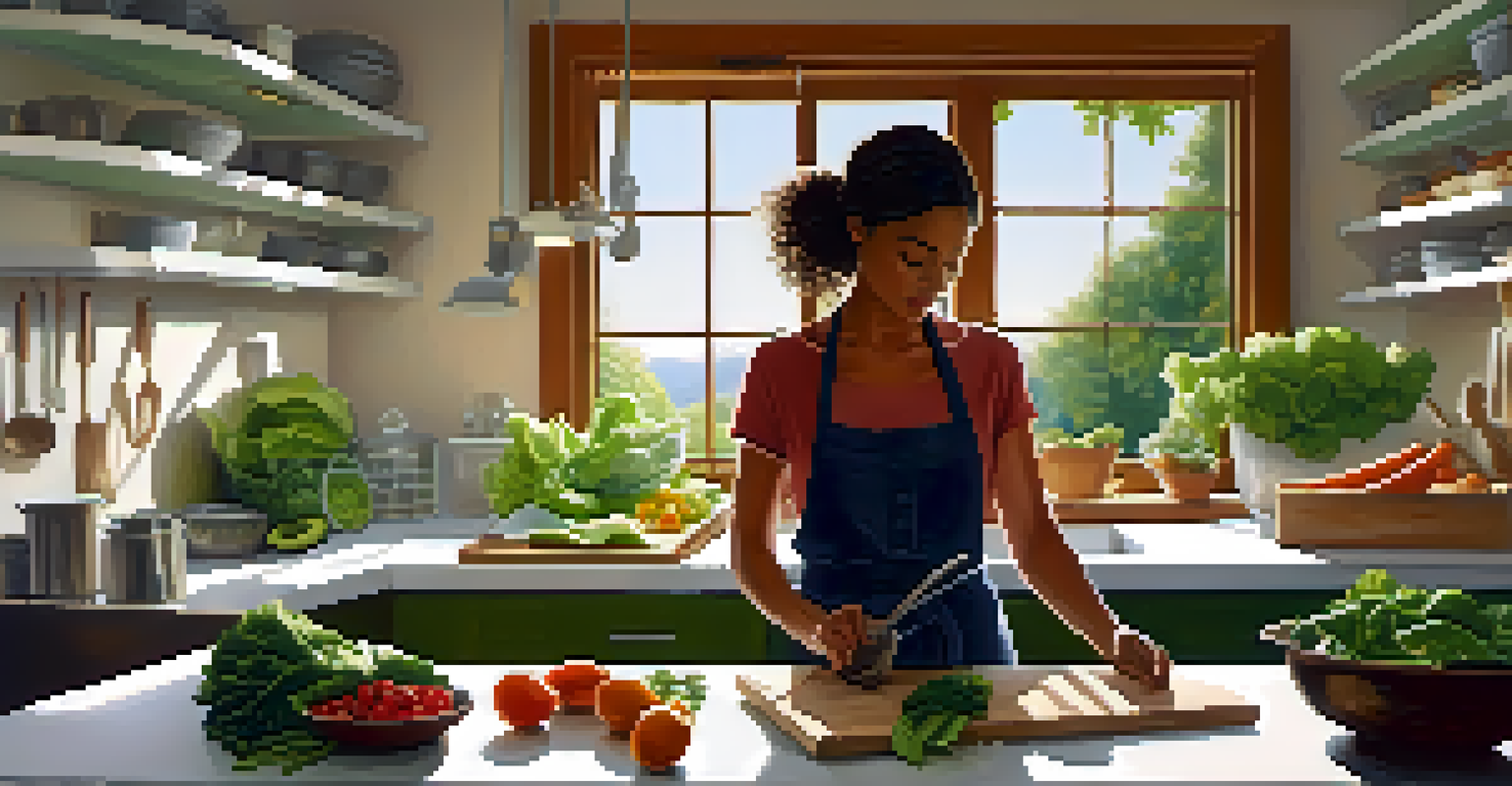 A person chopping vegetables in a sunlit kitchen, surrounded by fresh raw ingredients.