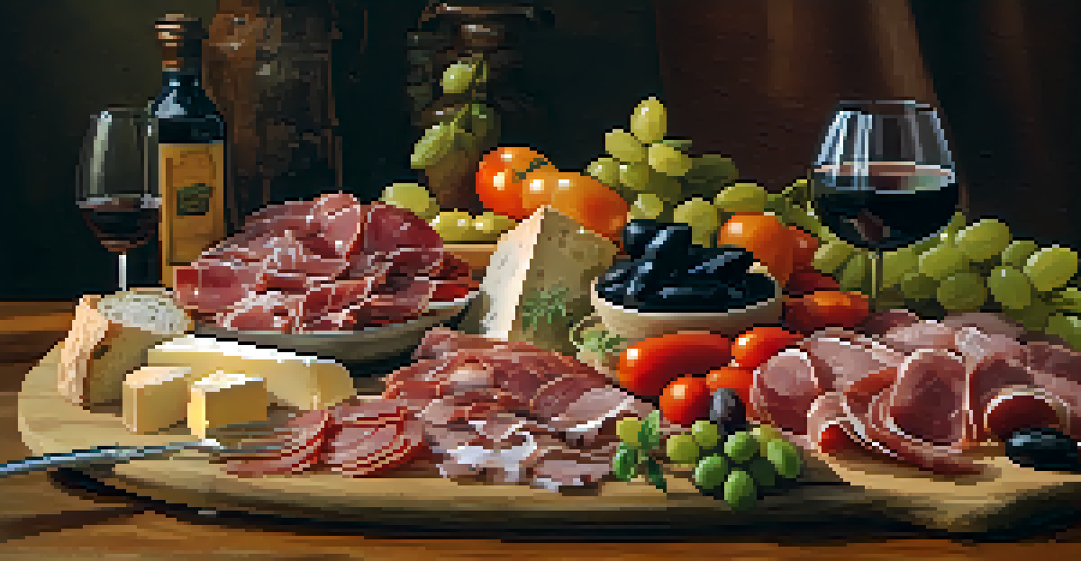 An antipasto platter with raw vegetables, cheeses, and cured meats on a wooden table.