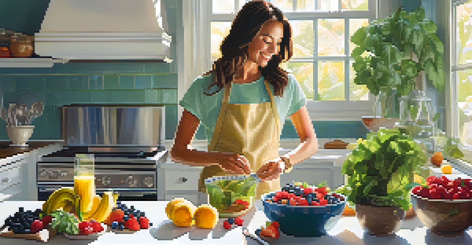 A woman in a bright kitchen preparing a smoothie with fresh fruits and vegetables, smiling and enjoying her cooking experience.