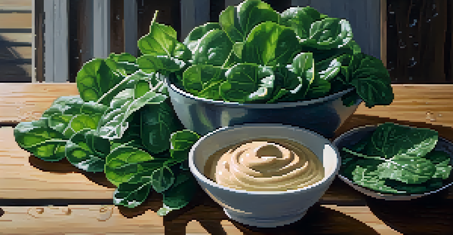 Close-up of fresh spinach and kale leaves on a wooden surface, with bowls of hummus and dipping sauces in the background.