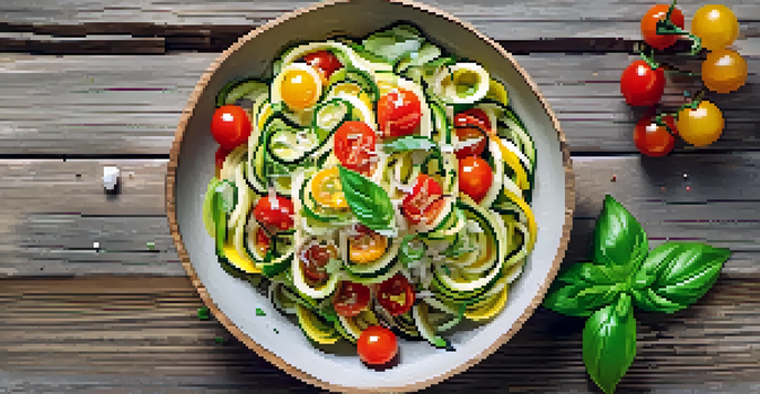 A colorful raw zucchini noodle salad with cherry tomatoes and basil on a wooden table.