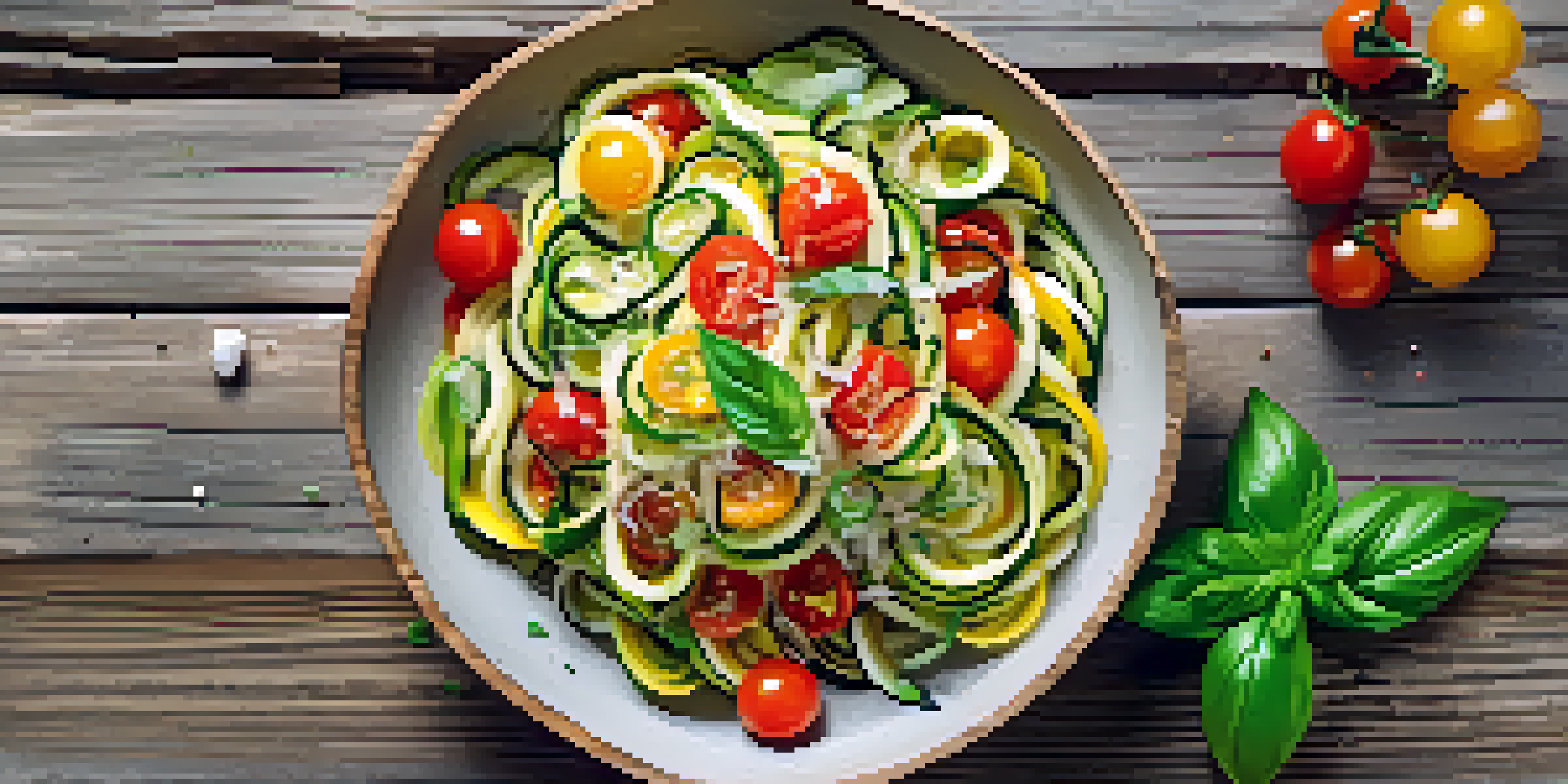 A colorful raw zucchini noodle salad with cherry tomatoes and basil on a wooden table.