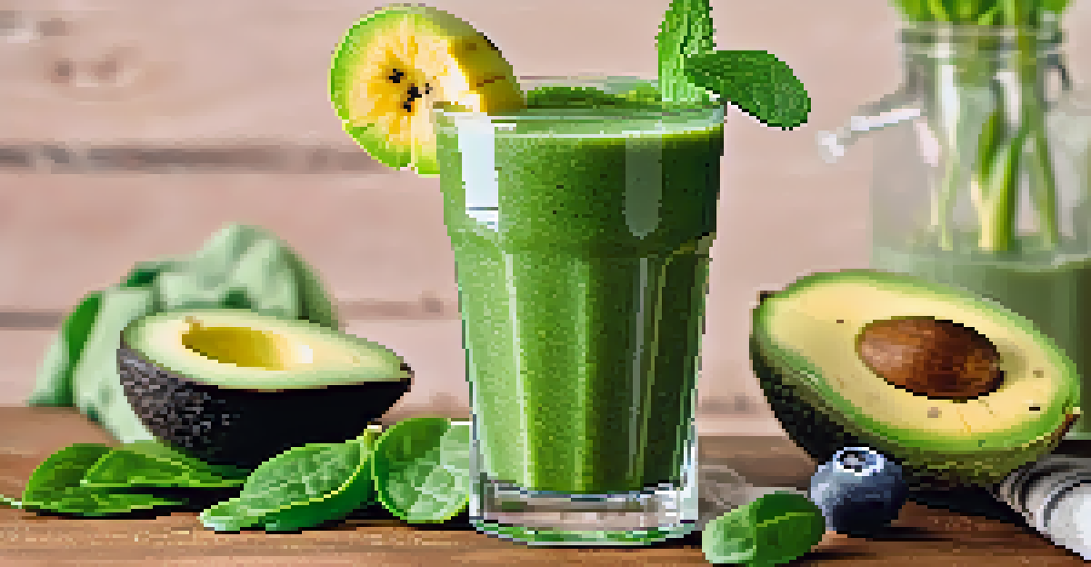 A green smoothie in a glass with fresh ingredients like spinach and avocado, set on a wooden table with indoor plants in the background.