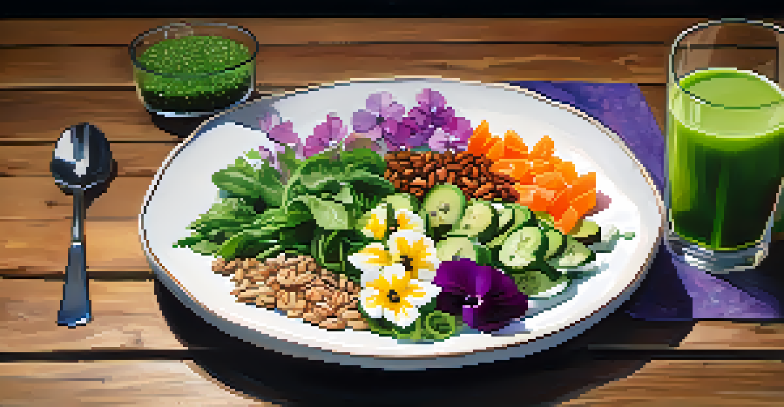 A beautifully presented raw food meal with a colorful salad and a glass of green juice on a wooden table.