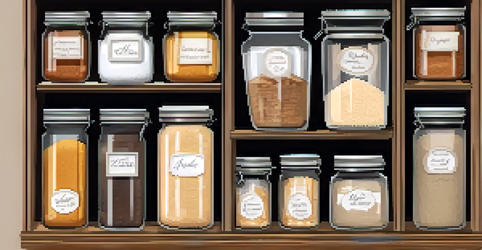 An organized kitchen pantry with clear glass jars filled with dry ingredients, all neatly labeled and arranged on wooden shelves.