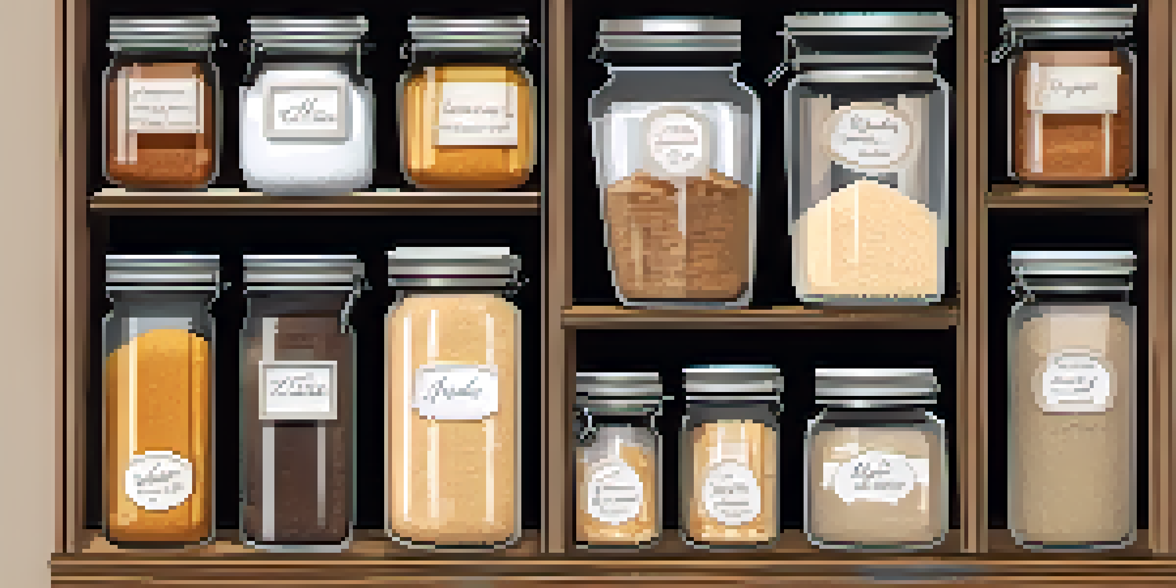 An organized kitchen pantry with clear glass jars filled with dry ingredients, all neatly labeled and arranged on wooden shelves.