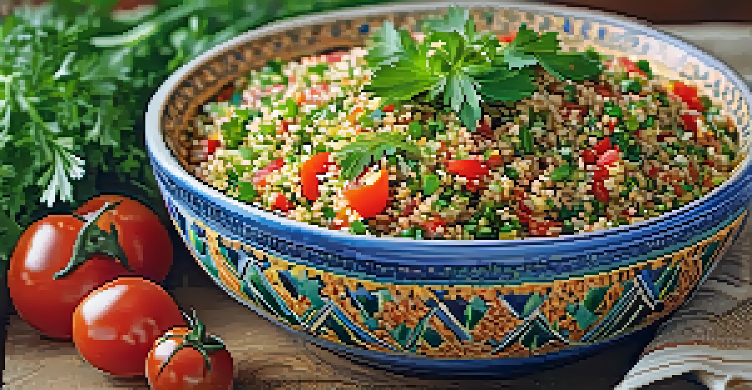 A traditional tabbouleh dish with parsley, tomatoes, and bulgur wheat in a colorful bowl, surrounded by fresh herbs and spices in a rustic kitchen.