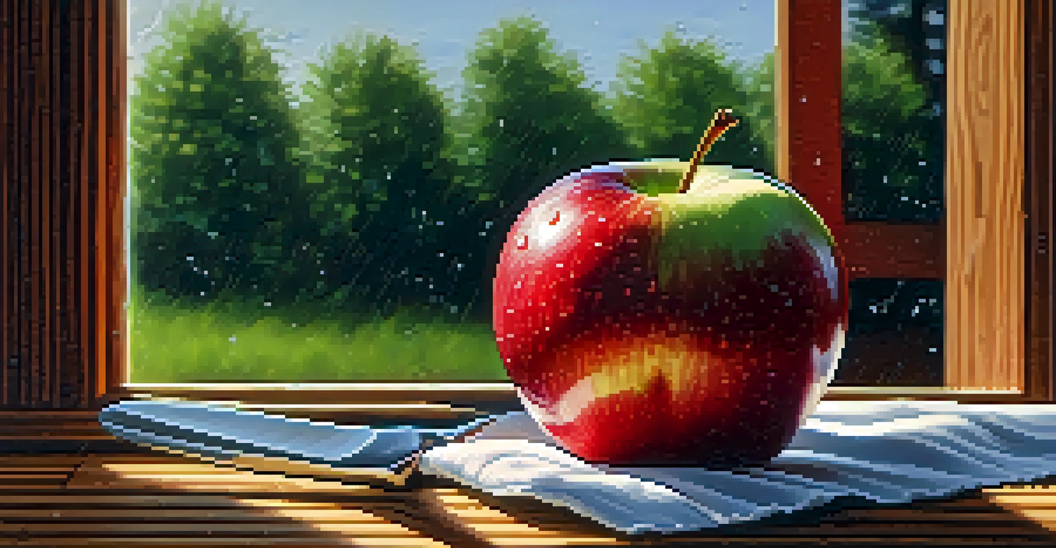 A close-up of a bright red apple being sliced, showing its juicy interior and glistening surface on a wooden cutting board.