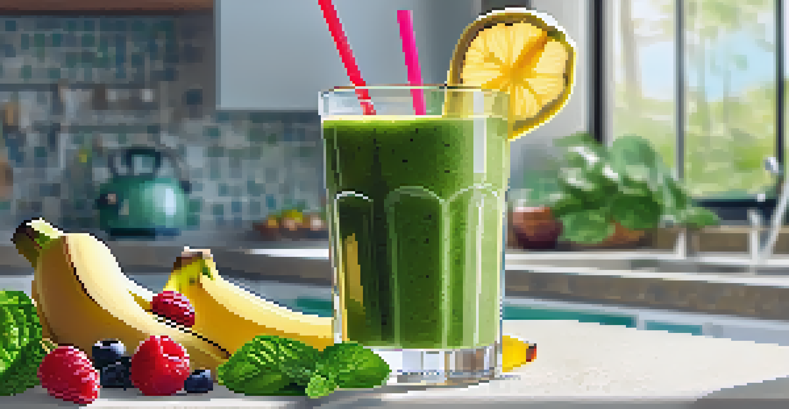 A green smoothie in a clear glass with berries and a lemon slice, set on a bright kitchen counter with sunlight illuminating the scene.