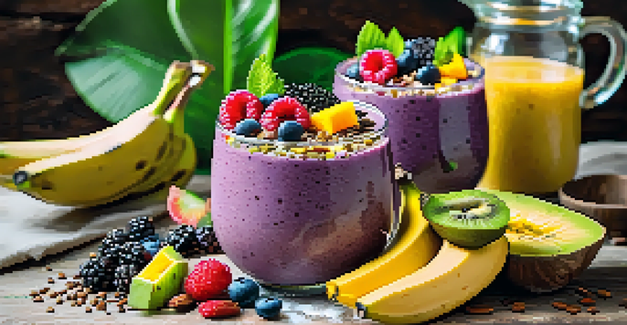 A colorful smoothie bowl filled with acai, topped with cacao nibs, bananas, and surrounded by various tropical fruits on a wooden table, illuminated by natural light.