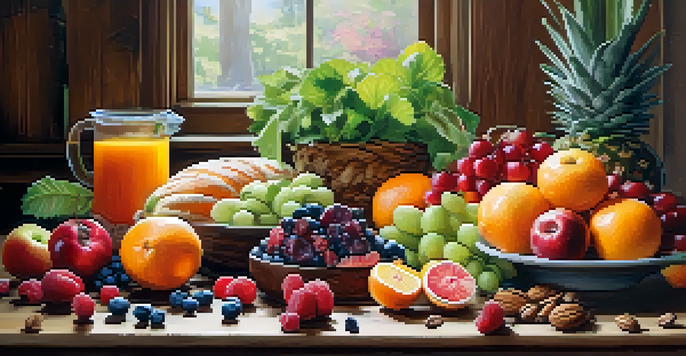 A colorful arrangement of fresh raw fruits, vegetables, and nuts on a wooden table, illuminated by soft natural light.