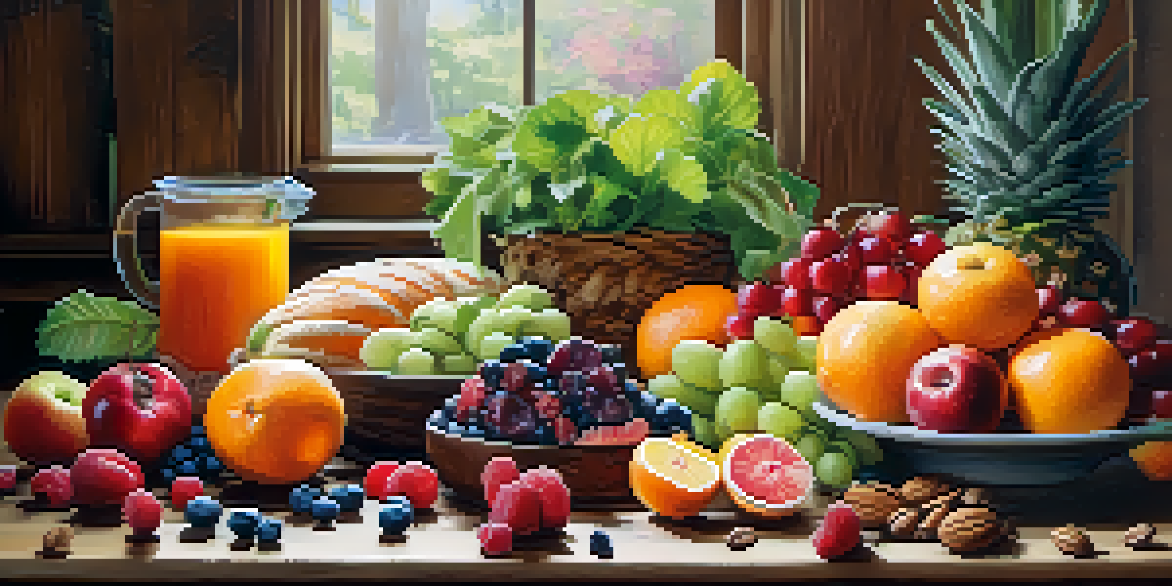 A colorful arrangement of fresh raw fruits, vegetables, and nuts on a wooden table, illuminated by soft natural light.