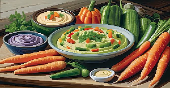 A colorful arrangement of raw vegetables with creamy dips on a rustic wooden table, illuminated by natural light.